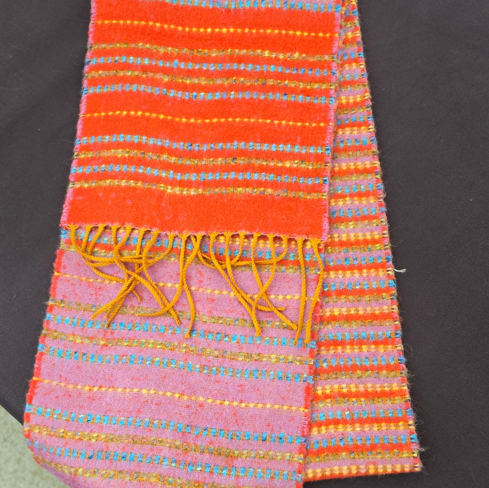 Vintage 100% Wool Striped Winter Scarf • Boho Sunset Fringe Orange Pink Teal